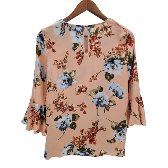 My Michelle Bell Sleeve Ruffle Blouse Size M Floral 3/4 Sleeve Peach Blue Career - Picture 4 of 16